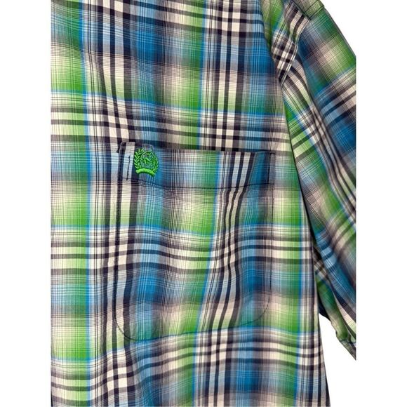 Cinch Men’s Large Short Sleeve Button Up Shirt Blue Green Plaid Western Rodeo - Picture 2 of 5